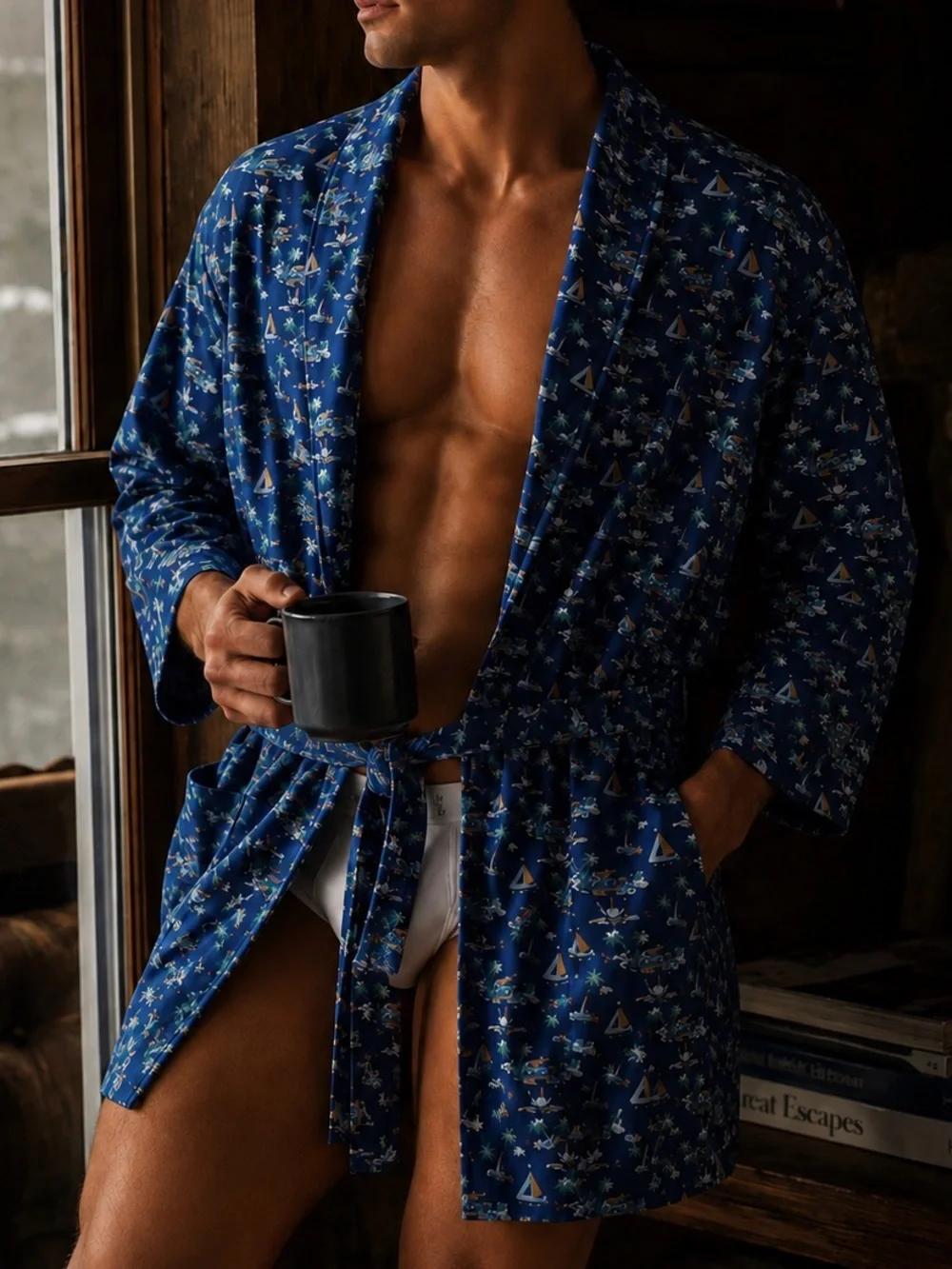 RALPH LAUREN Polo Blue Scenic Island Long Sleeve Woven Kimono Robe S/M NWT